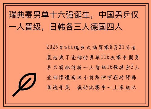 瑞典赛男单十六强诞生，中国男乒仅一人晋级，日韩各三人德国四人